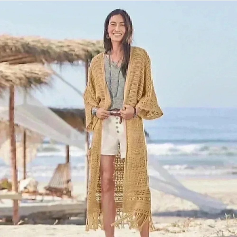 SUNDANCE Island Sands Tan Crochet Knit Fringe Duster Size SP